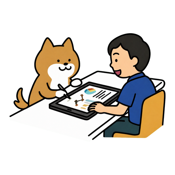 お客様と資料を見ながら課題を確認する市場印刷のスタッフと柴犬