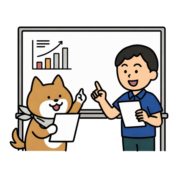 分析結果をもとに戦略を話し合う市場印刷のスタッフと柴犬