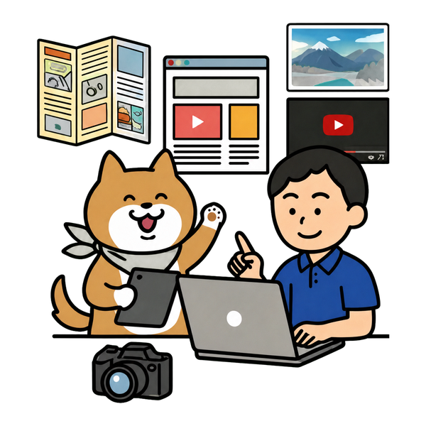 ウェブ、印刷物、動画、撮影などの制作を進める市場印刷のスタッフと柴犬